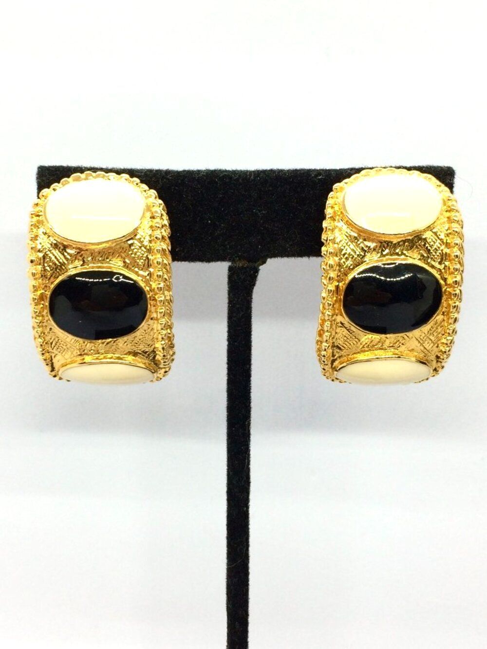 VINTAGE GOLD TONE Earrings Enamel Black White Half Hoop Clip On Runway 80s